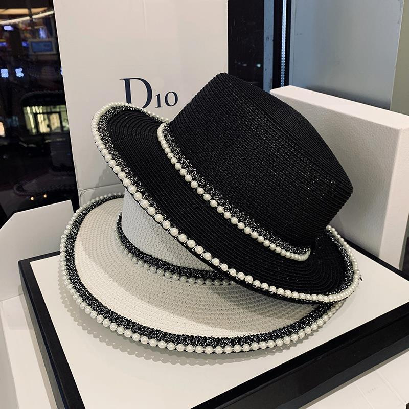 New French Style Wide Brim Straw Sun Hat with Pearl Trim